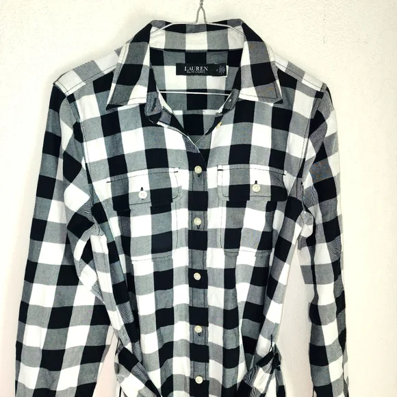 Lauren Ralph Lauren Buffalo Check Belted Twill Long Sleeve Midi Shirt Dress Sz 2 - Picture 3 of 8